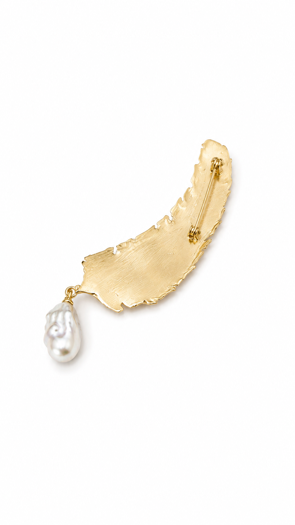 Spilla in bronzo piuma con perla pendente
